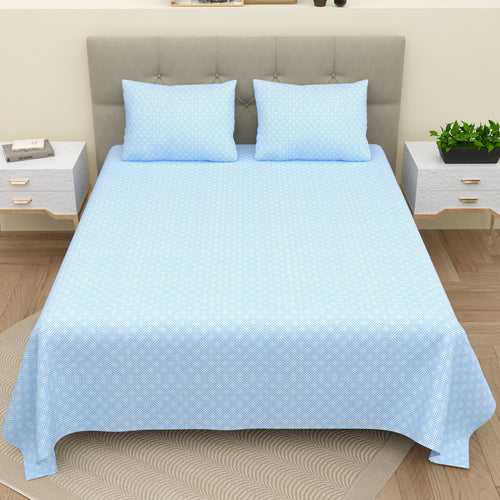 Double Bedsheet Set 100 % Pure Cotton Super King Size with 2 Pillow Covers Printed Blue Colour - Valence Collection