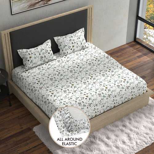 Double Fitted Bedsheet with 2 Pillow Covers Cotton Floral Design Green & White Colour - Stella Collection