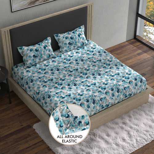 Double Fitted Bedsheet with 2 Pillow Covers Cotton Floral Design Blue Colour - Stella Collection