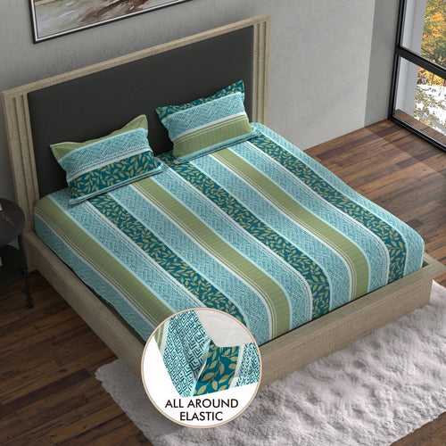 Double Fitted Bedsheet with 2 Pillow Covers Cotton Floral Design Blue & Green Colour - Stella Collection
