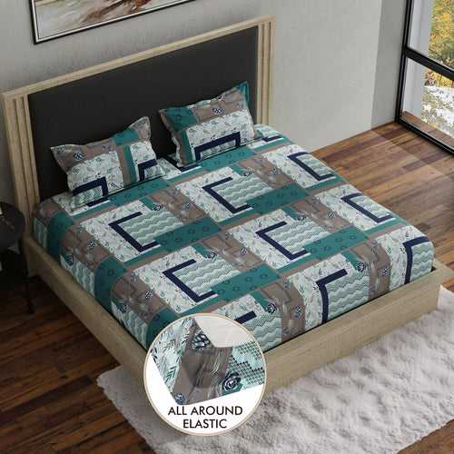 Double Fitted Bedsheet with 2 Pillow Covers Cotton Geometrical Design Blue & Grey Colour - Stella Collection