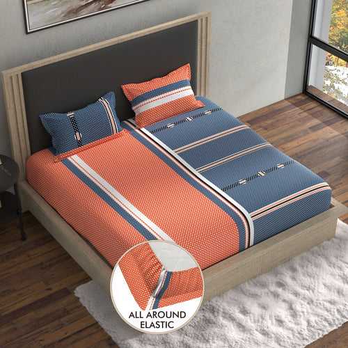 Double Fitted Bedsheet with 2 Pillow Covers Cotton Geometrical Design Blue & Orange Colour - Stella Collection