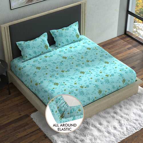 Double Fitted Bedsheet with 2 Pillow Covers Cotton Floral Design Cyan Colour - Stella Collection