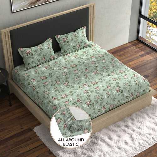 Double Fitted Bedsheet with 2 Pillow Covers Cotton Floral Design Green Colour - Stella Collection