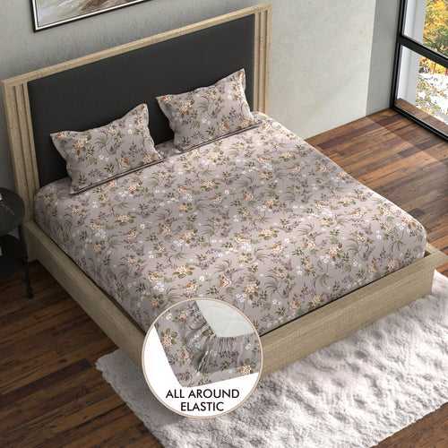 Double Fitted Bedsheet with 2 Pillow Covers Cotton Floral Design Multi Colour - Stella Collection