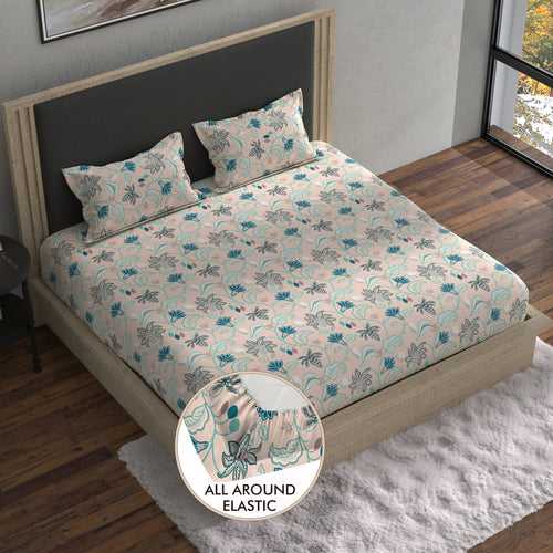 Double Fitted Bedsheet with 2 Pillow Covers Cotton Floral Design Multi Colour - Stella Collection