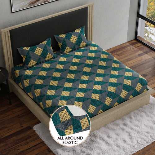Double Fitted Bedsheet with 2 Pillow Covers Cotton Geometrical Design Multi Colour - Stella Collection