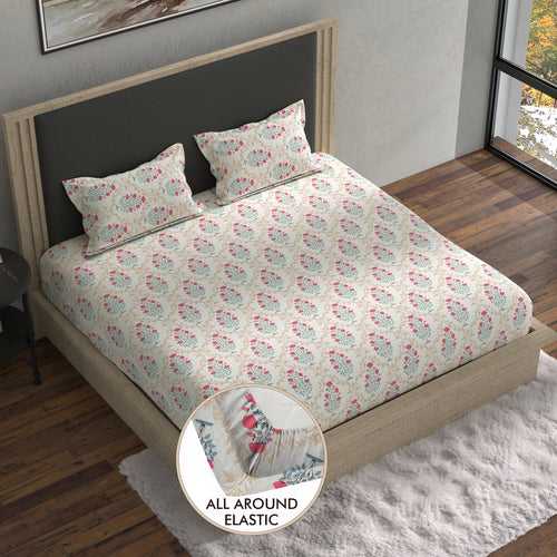 Double Fitted Bedsheet with 2 Pillow Covers Cotton Floral Design Pink & Green Colour - Stella Collection