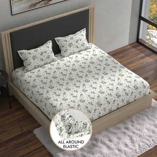 Double Fitted Bedsheet with 2 Pillow Covers Cotton Floral Design White & Grey Colour - Stella Collection