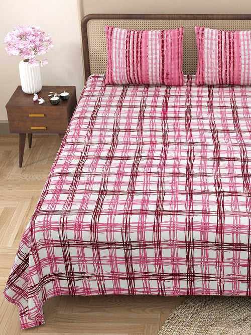 Double Bedsheet with 2 Pillow Covers Cotton Geometric Design Pink Colour - Element Collection