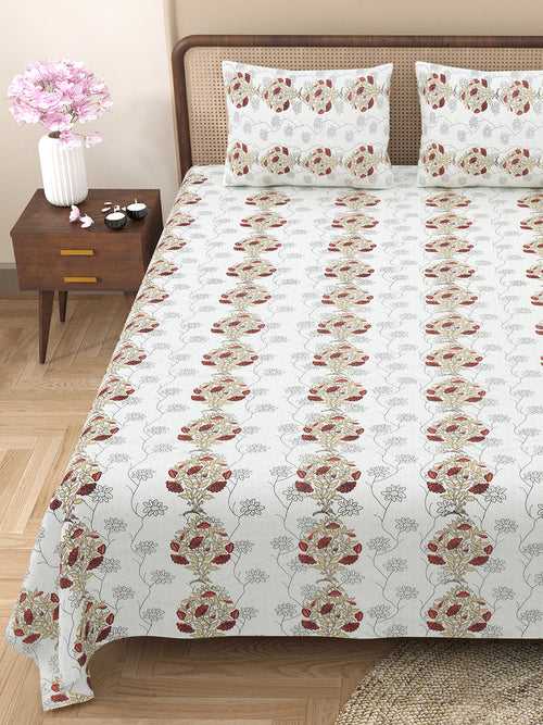Double Bedsheet with 2 Pillow Covers Cotton Floral Design White & Brown Colour - Element Collection