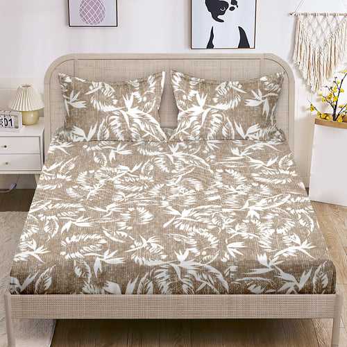 Double King Size Bedsheet with 2 Pillow Covers Cotton Floral Design Design Brown Colour - Sunshine Collection