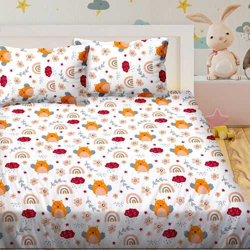 Double Bedsheet with 2 Pillow Covers 100 % Cotton Orange Colour- Kids Kingdom Collection