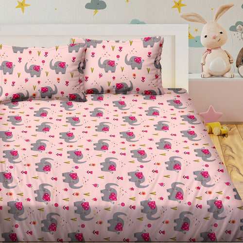 Double Bedsheet with 2 Pillow Covers 100 % Cotton Pink Colour- Kids Kingdom Collection
