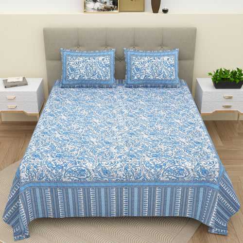 King Size Bedsheet with 2 Pillow Covers Cotton Blue Colour - Ethnic Collection