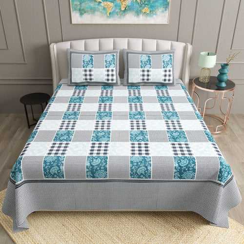Double King Size Bedsheet Set Cotton with 2 Pillow Covers Check Design Blue Colour - Ethnic Collection