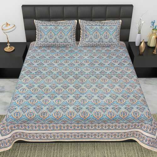 Double King Size Bedsheet Set Cotton with 2 Pillow Covers Floral Design Blue Colour - Ethnic Collection