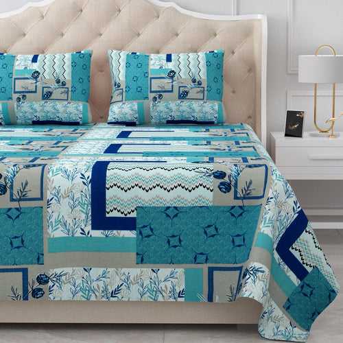 Double Bedsheet Set Cotton King Size with 2 Pillow Covers Geometrical Design Blue & Grey Colour - Stella Collection