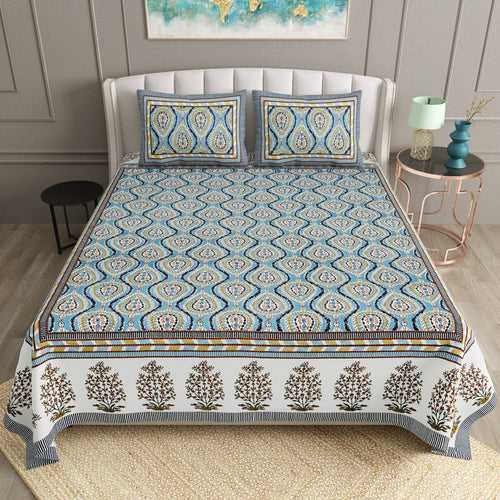 Double King Size Bedsheet Set Cotton with 2 Pillow Covers Floral Design Blue Colour - Ethnic Collection