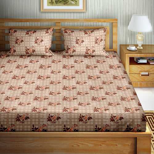 Double Bedsheet Cotton King Size with 2 Pillow Covers Floral Design Brown Colour - Stella Collection