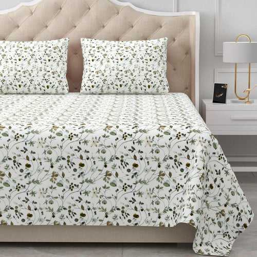 Double Bedsheet Cotton King Size with 2 Pillow Covers Floral Design Green Colour - Stella Collection