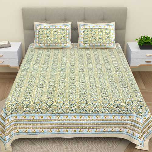 Double King Size Bedsheet Set Cotton with 2 Pillow Covers Paisley Design Green Colour - Ethnic Collection