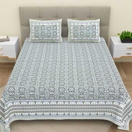 Double King Size Bedsheet Set Cotton with 2 Pillow Covers Paisley Design Grey Colour - Ethnic Collection