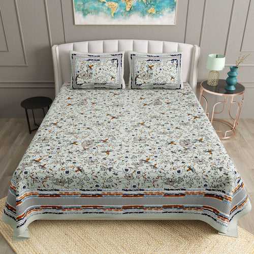 Double King Size Bedsheet Set Cotton with 2 Pillow Covers Birds Design Multi Colour - Ethnic Collection