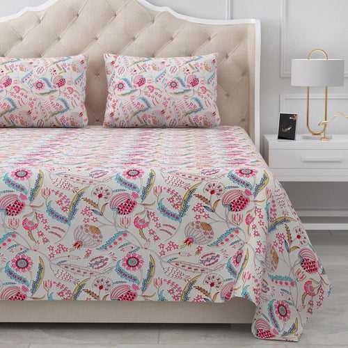 Double Bedsheet Set Cotton King Size with 2 Pillow Covers Floral Design Multi Colour- Stella Collection