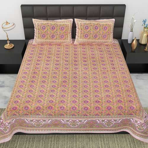 Double King Size Bedsheet Set Cotton with 2 Pillow Covers Floral Design Pink & Orange Colour - Ethnic Collection