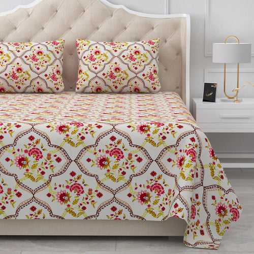 Double Bedsheet Set Cotton King Size with 2 Pillow Covers Floral Design Pink & Yellow Colour- Stella Collection