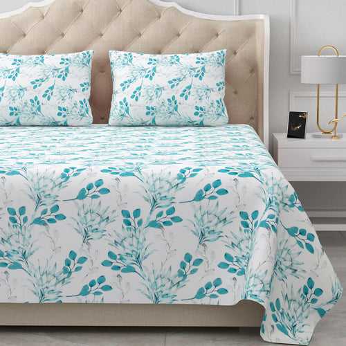 Double Bedsheet Set Cotton King Size with 2 Pillow Covers Floral Design Sky Blue Colour - Stella Collection
