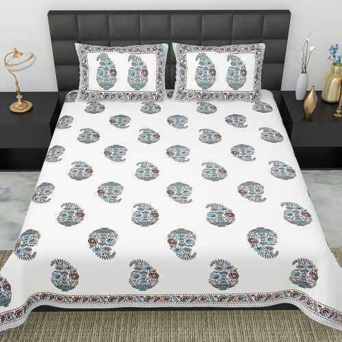 Double King Size Bedsheet Set Cotton with 2 Pillow Covers Floral Design Teal & Grey Colour - Ethnic Collection