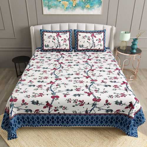 Double King Size Bedsheet Set Cotton with 2 Pillow Covers Floral Design White Colour - Ethnic Collection