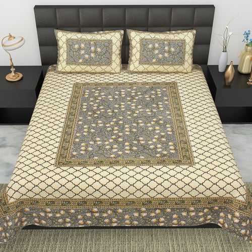 Double King Size Bedsheet Set Cotton with 2 Pillow Covers Floral Design Yellow & Grey Colour - Ethnic Collection