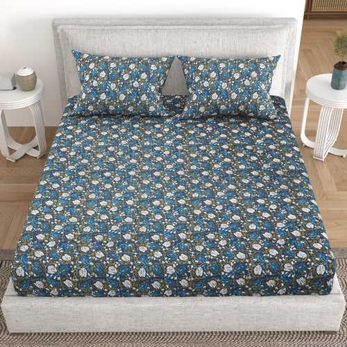 Double Bedsheet Cotton Fabric King Size with 2 Pillow Covers Printed Design Blue Colour - Indus Collection