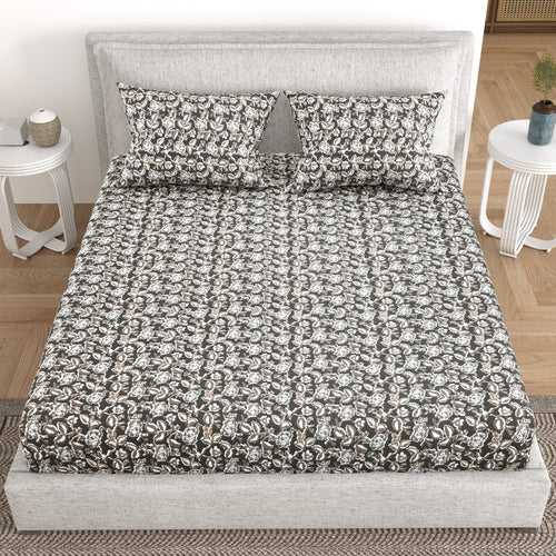 Double Bedsheet Cotton Fabric King Size with 2 Pillow Covers Printed Design Grey Colour - Indus Collection