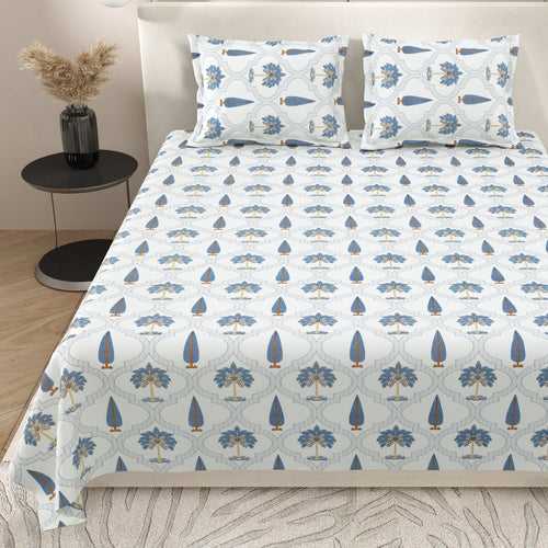 Super King Size Bedsheet Set Cotton with 2 Pillow Covers Block Print Design Blue Colour - Blocks Craft Collection