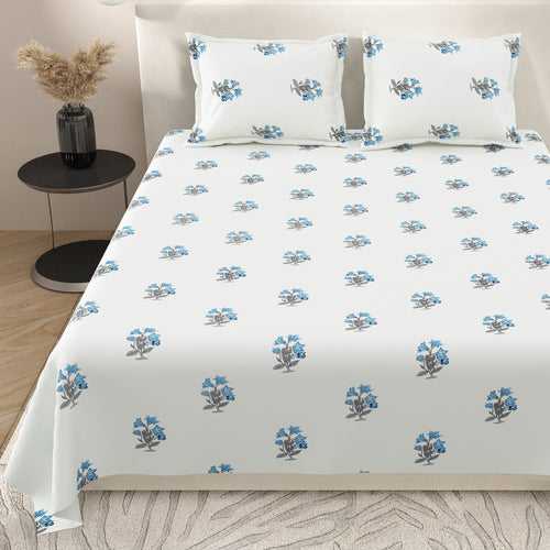 Super King Size Bedsheet Set Cotton with 2 Pillow Covers Block Print Design Blue & Grey Colour - Blocks Craft Collection