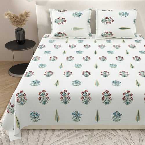 Super King Size Bedsheet Set Cotton with 2 Pillow Covers Block Print Design Green & Multi Colour - Blocks Craft Collection