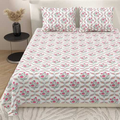 Super King Size Bedsheet Set Cotton with 2 Pillow Covers Block Print Design Pink & Green Colour - Blocks Craft Collection