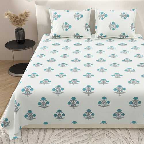 Super King Size Bedsheet Set Cotton with 2 Pillow Covers Block Print Design Teal & Grey Colour - Blocks Craft Collection