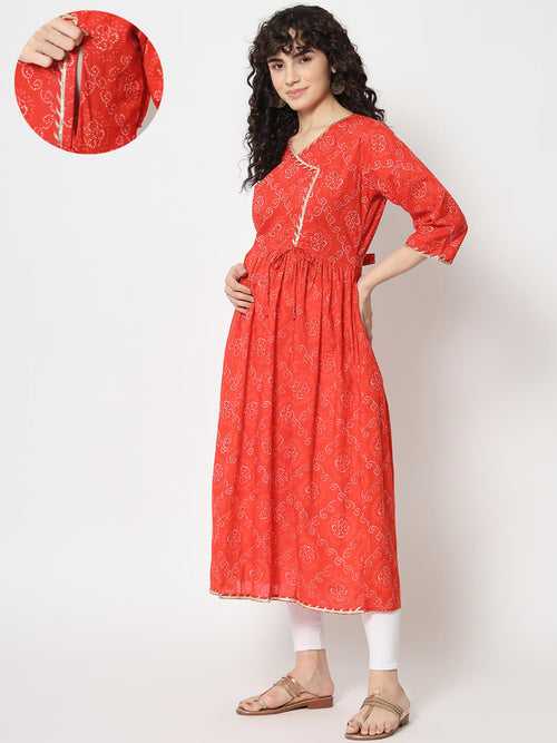 Red Cotton Printed Maternity Feeding Kurta