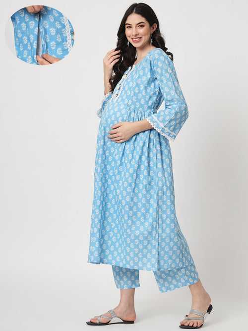 Blue White Cotton Printed Maternity Feeding Kurta Set