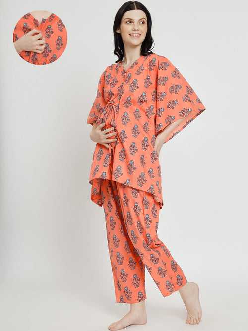 Orange Printed Maternity Feeding Kaftan Night Suit