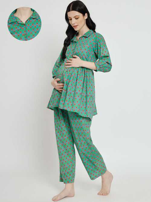 Sea Green Printed Maternity Feeding Night Suit