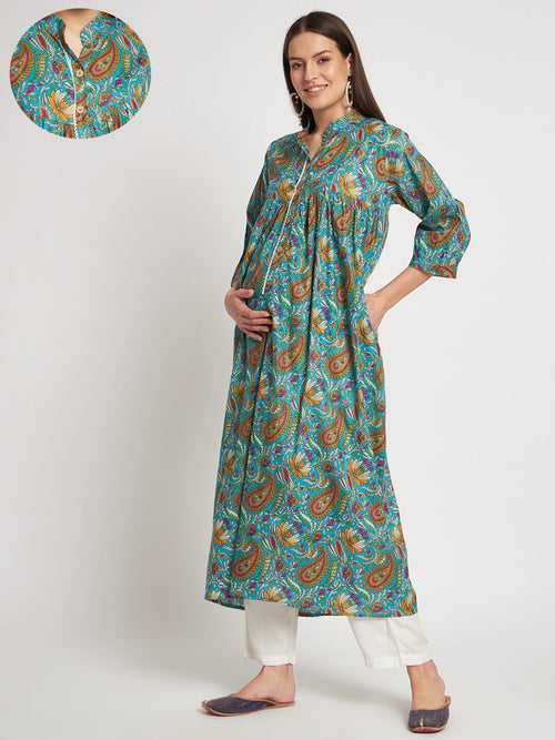 Turquoise Multi Cotton Printed Maternity Feeding Kurta