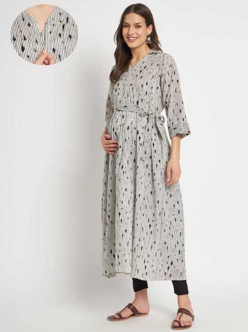 Off White Cotton Printed Maternity Feeding Kurta