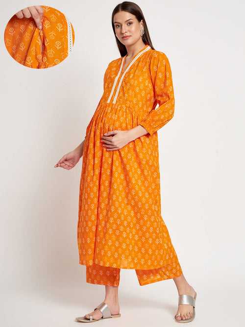 Mustard Cotton Printed Maternity Feeding Kurta Set