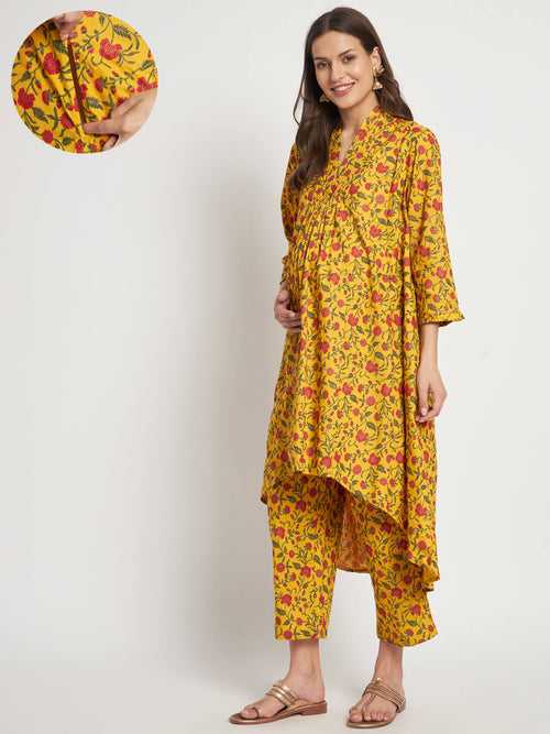 Yellow Multi Printed Maternity Feeding High Low Kurta Set